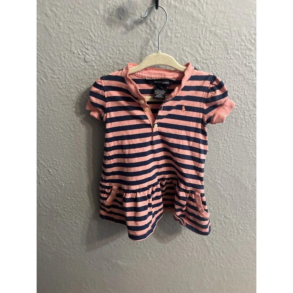 Ralph Lauren Shirt Dress Girls 9m Months Pink & Blue‎ Striped Pony Logo Ruffles
